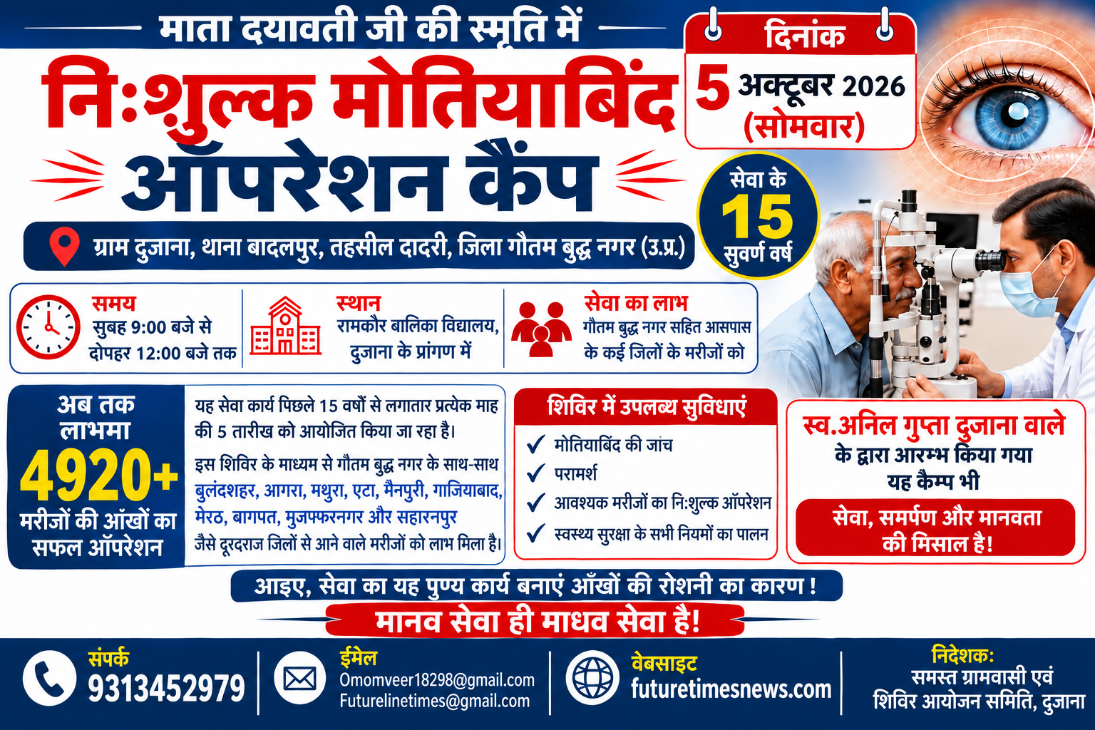 दुजाना में 5 अक्टूबर को लगेगा निशुल्क मोतियाबिंद ऑपरेशन कैंप, 4920 से अधिक मरीजों को मिल चुका है लाभ